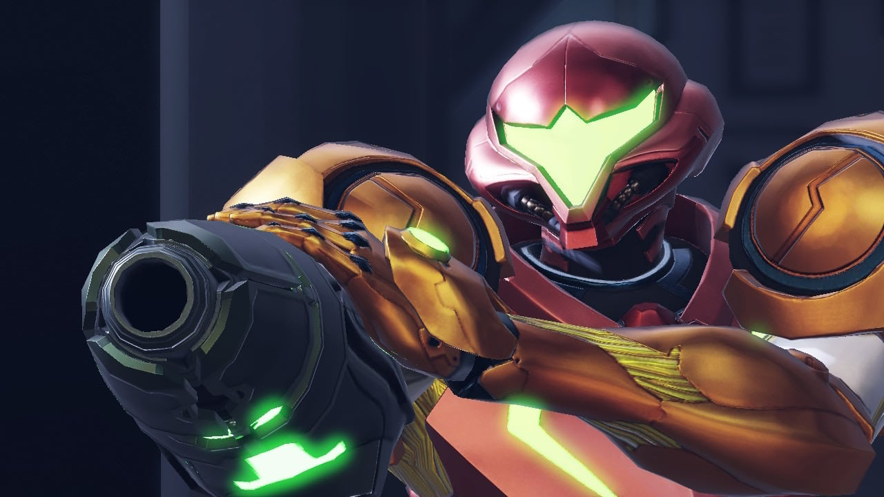 Samus pointing gun at screen