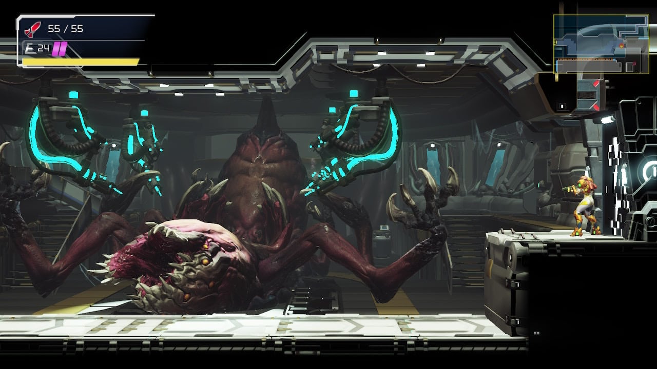 Samus in side on view looking at a large alien corpse