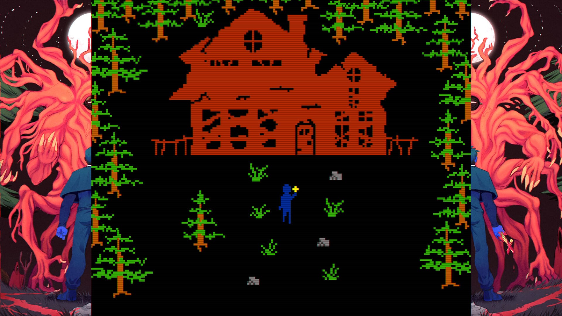 Screenshot of FAITH. A priest character stands in front of a dilapidated house. The whole image is styled like a low resolution computer game.